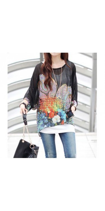 Scoop Neck Batwing Sleeve Printed Chiffon Black Blouse For Women