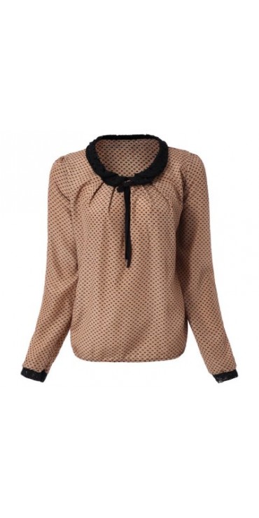 Double Lace With Belt Collar Polka Dot Deisgn Long Sleeves Blended Blouse