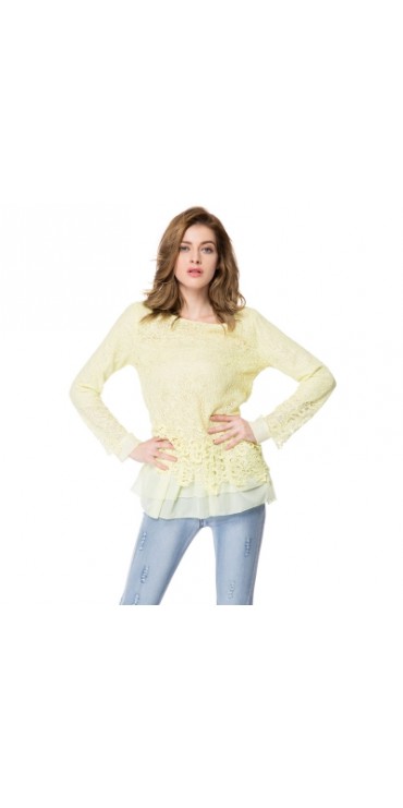 Round Collar Long Sleeve Lace Spliced Blouse