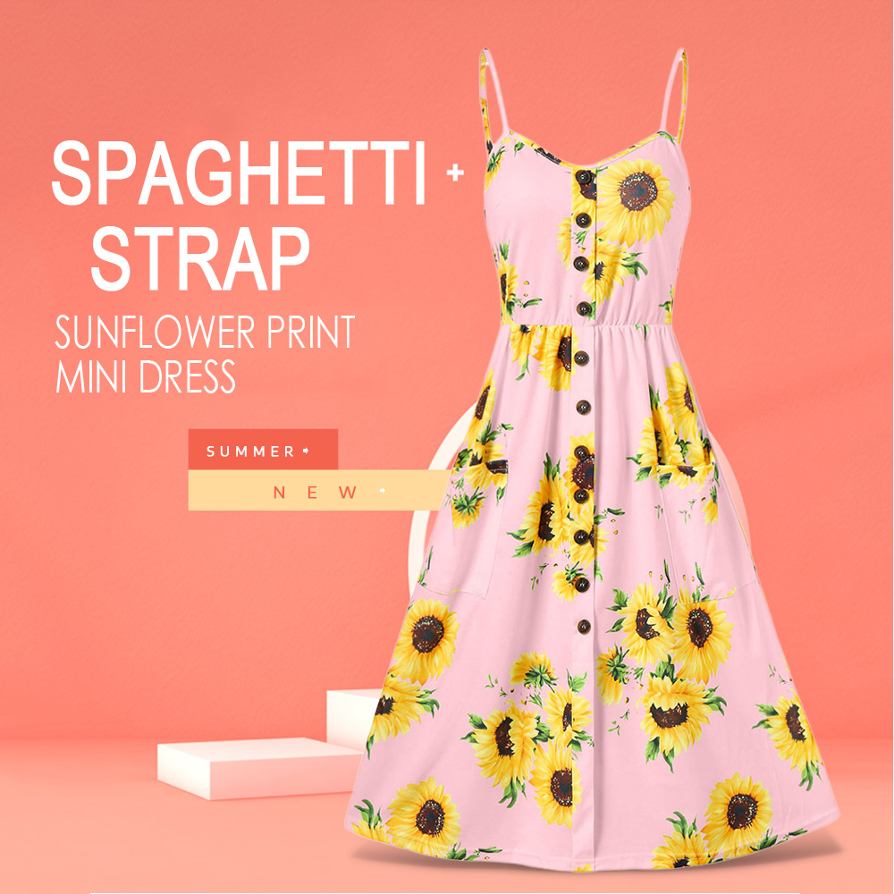 Spaghetti Strap Sunflower Print Mini Dress